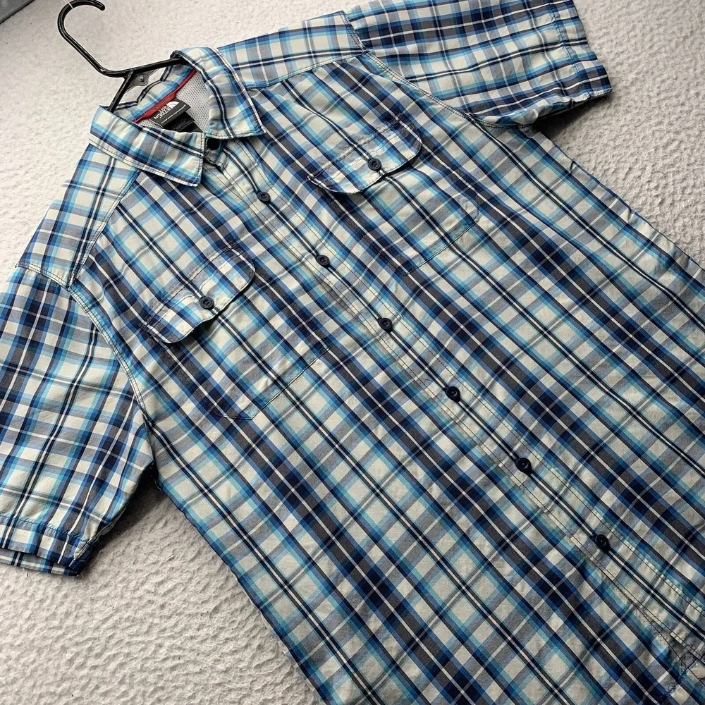 The North Face Button Up Shirt Mens Small Blue White Plaid Tencel Hiking Camping